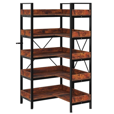 65 L-Shaped Reversible Corner Bookcase – Industrial Wood Bookshelf with Metal Frame & Adjustable Feet – For Living Room Bedroom Home Office Rustic Brown