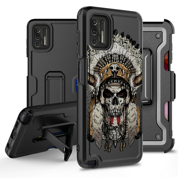 ANJ  Rugged Hybrid Shockproof Case w/Kickstand   Holster Clip Card Slot Cover for Motorola Moto G Stylus (2021 Release) - Skull Chief 3