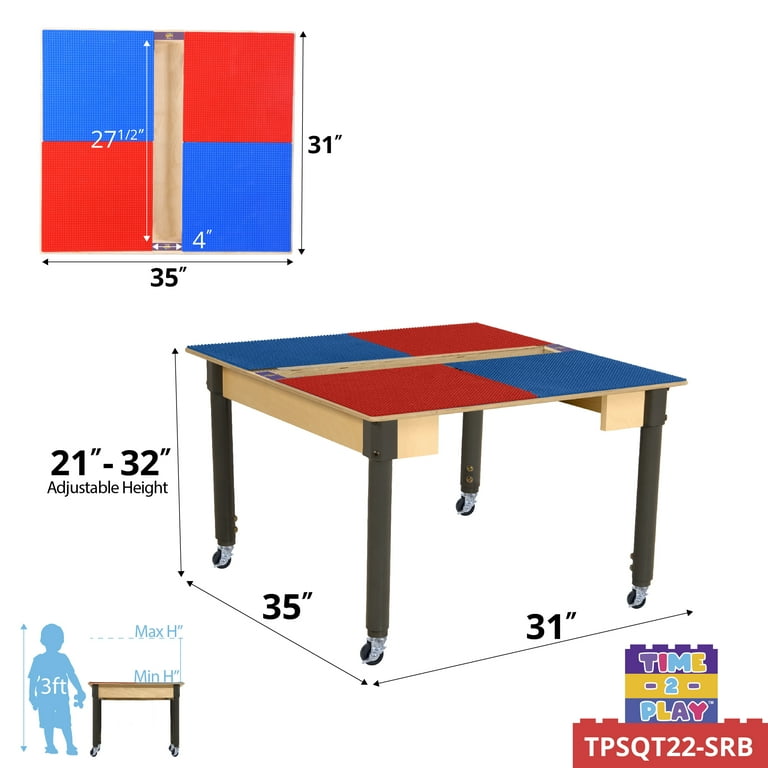 Time 2 Play 35 Square Birch Plywood Red Blue Montessori Lego Compatible Building Blocks Table with Wheels Trough for Kids 18 29 Adjustable