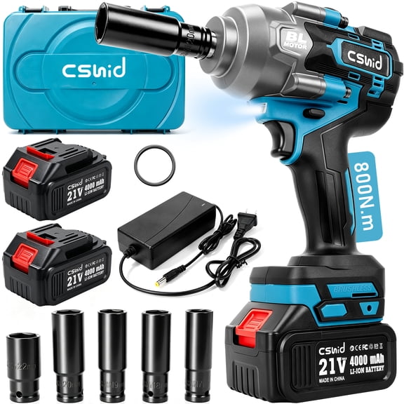 Cshidworld 1/2 Inch Cordless Impact Wrench, 800 N·m (590 ft-lb) Brushless High Torque, 3300RPM, 3-Mode Speed, 21V Electric Impact Gun with 2×4.0Ah Batteries and 5 Sockets Home Car Pickup Truck RV