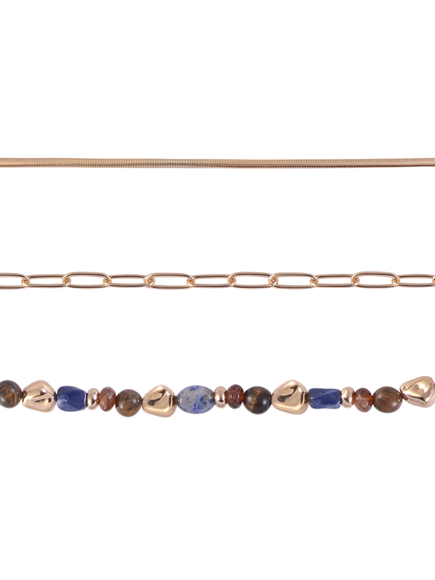 Time and Tru Women's Layered Blue and Brown Beads with Snake and Oval Chain Goldtone 3pc Necklace