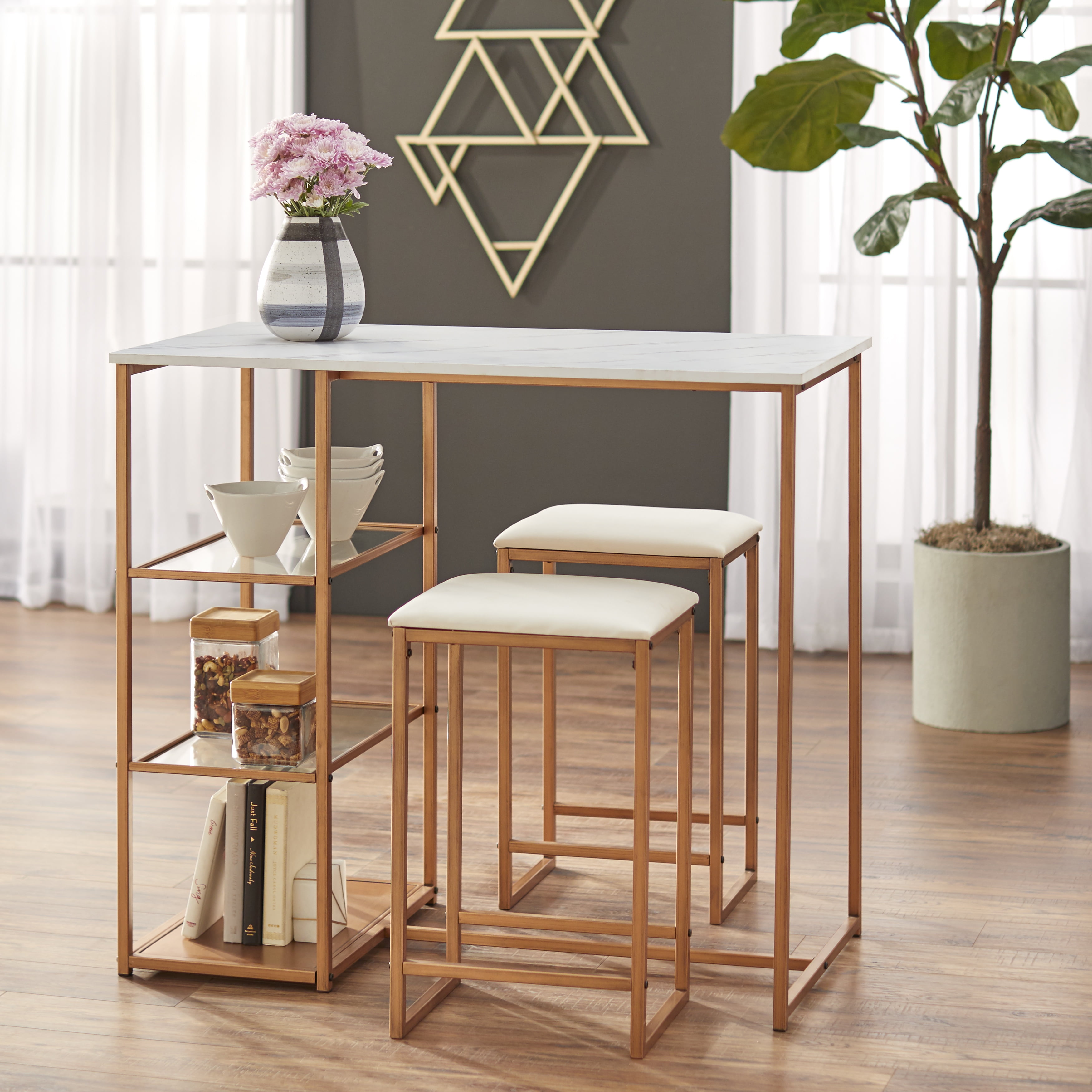Novogratz Nora 3 Piece Pub Set Indoor Dining Table with Storage White Brass Walmart