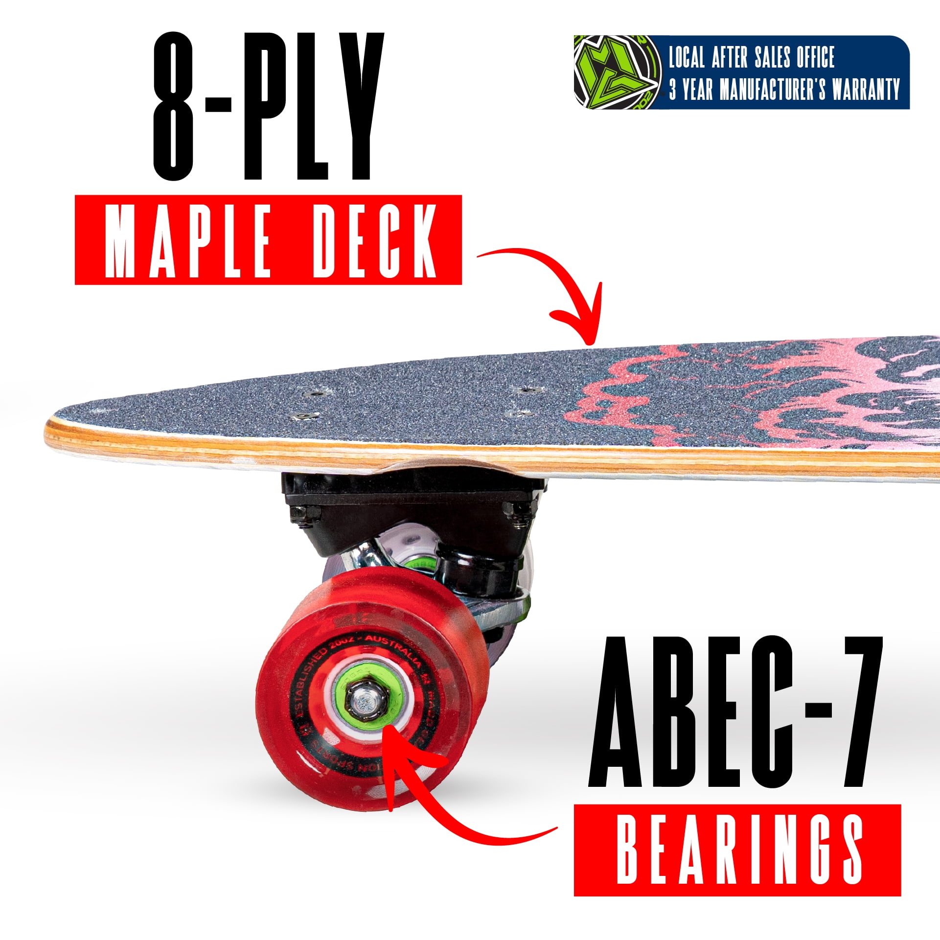 Madd Gear Planche cruiser 28 po pour enfants, ados et adultes – érable 8 plis, roues 62 mm, trucks aluminium 5 po – modèles assortis Noche ou Magma