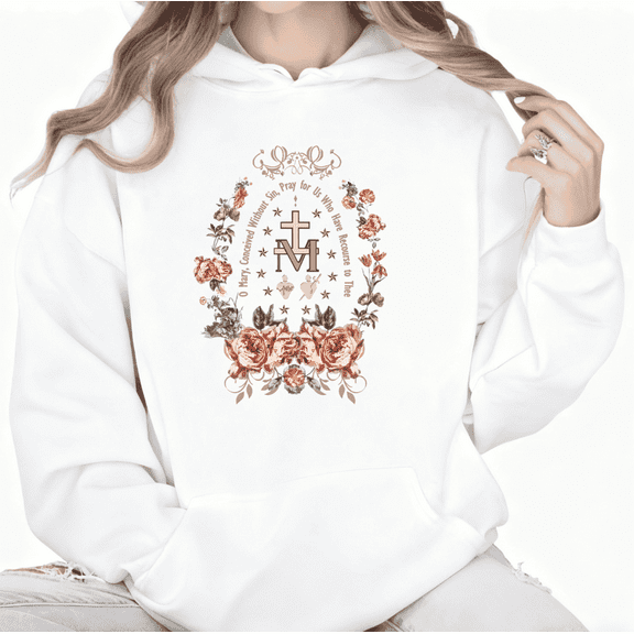 Catholic Marian Devotion Floral Graphic Sweatshirt Print hoodie Sweatshirt Black White S-2XL Cotton Religious Casual Tops