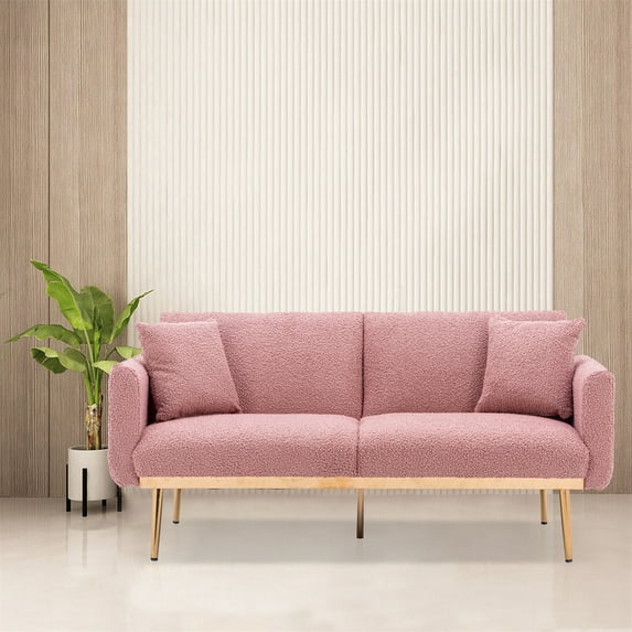 Convertible Teddy Fabric Accent Sofa Bed Couch Upholstered Loveseat Sofa Sleeper Sofa Bed with Plywood Frame and Metal Rose Gold Feet for Bedroom Living Room Dormitory, Brush Pink