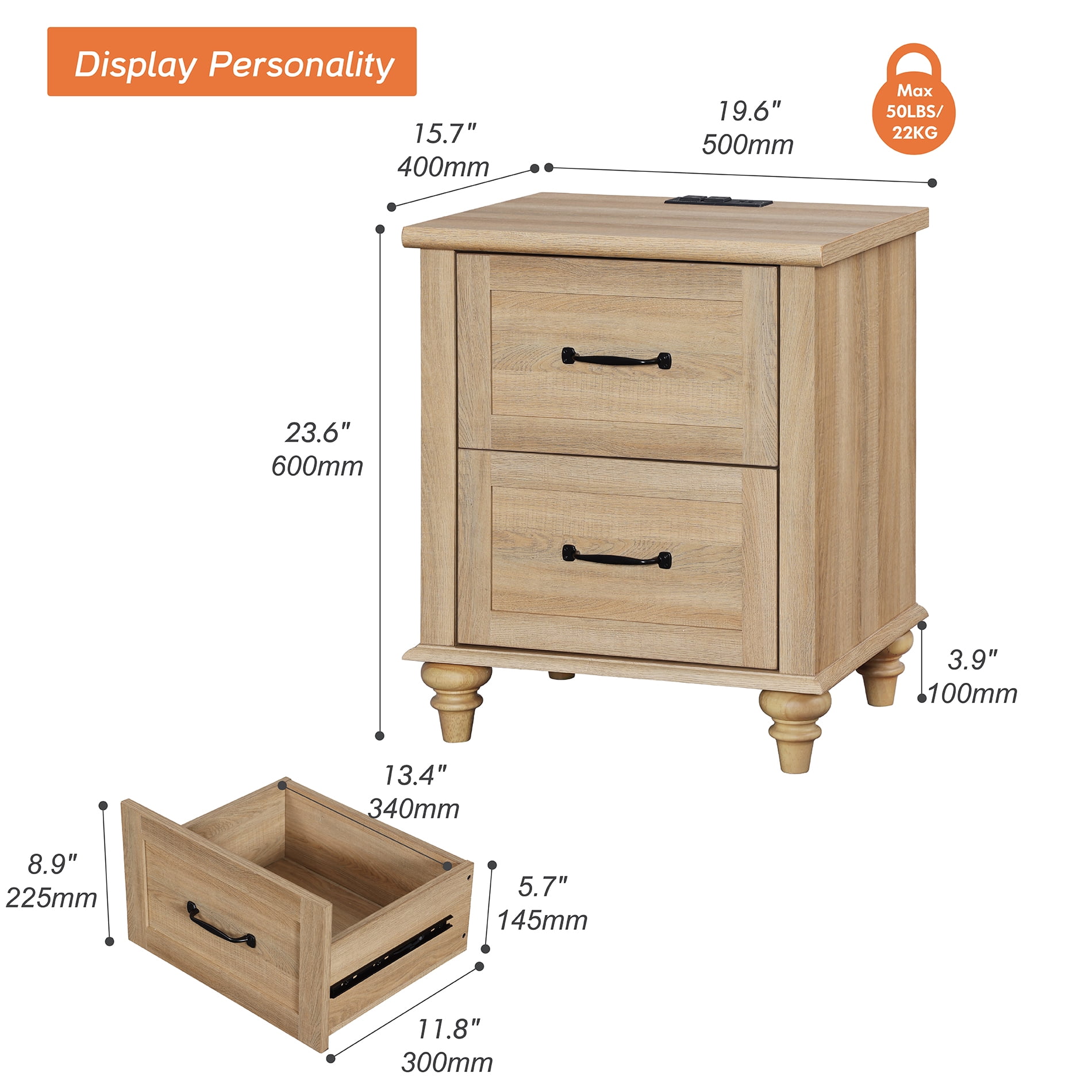 Nightstand with Charging Station, Farmhouse End Table with 2 Drawers & Wood Legs for Bedroom, Light Rustic Oak