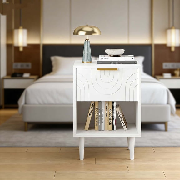 White Solid Wood Leg Kids Nightstand, Gold Handle Drawer Bedside Table for Boys & Girls, Space-Saving End Table for Small Bedroom Spaces