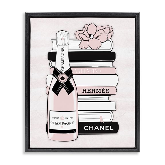 Stupell Industries Art Deco Pastel Stacked Books Champagne Polished Glam Emblem Black Floating Frame Canvas Art, 25 x 31, by Martina Pavlova