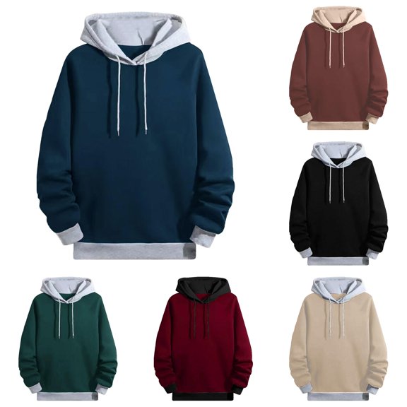 HAYIMI Men Autumn Winter Hooded Sweatshirt Long Sleeve Color Block Pocket Patchwork Tops Patchwork Oversized Vacation Streetwear