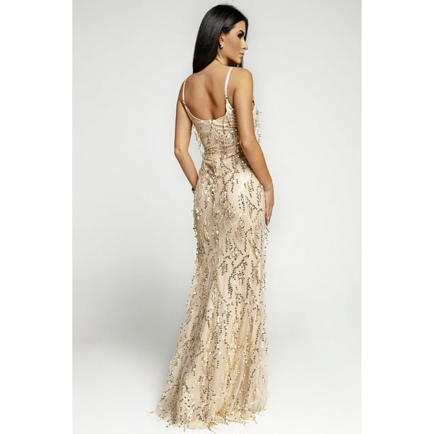 ABPHQTO Vestido de noche con flecos de lentejuelas y escote en V profundo con abertura color albaricoque para mujer