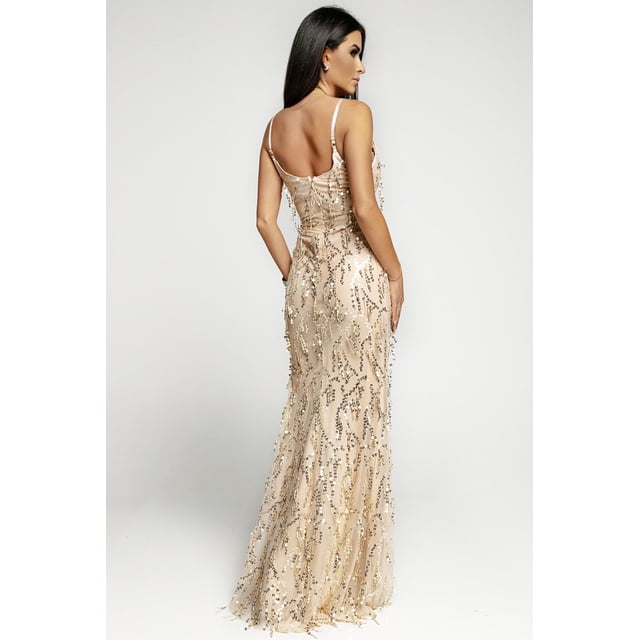 ABPHQTO Vestido de noche con flecos de lentejuelas y escote en V profundo con abertura color albaricoque para mujer