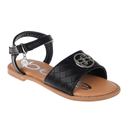 bebe Girl's Open Toe Comfy Flat Sandals Embossed with Medallion Hardware Detail - Flat Sandals for Toddler/Little Kid/Big Kid,Black, 11