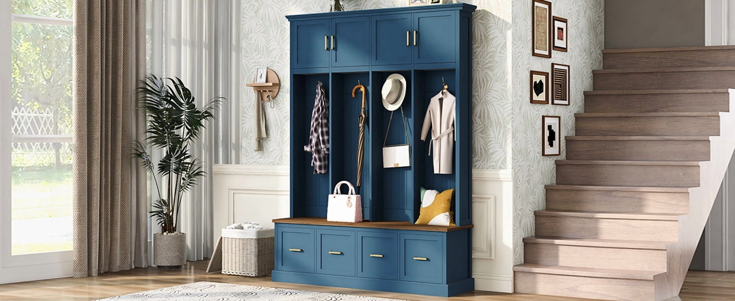 Mintazer 78” Tall Farmhouse Entryway Hall Tree with Coat Rack Hooks, Cabinets, Drawers & Shoe Storage Bench for Living Room, Bedroom, Hallway, Navy Blue
