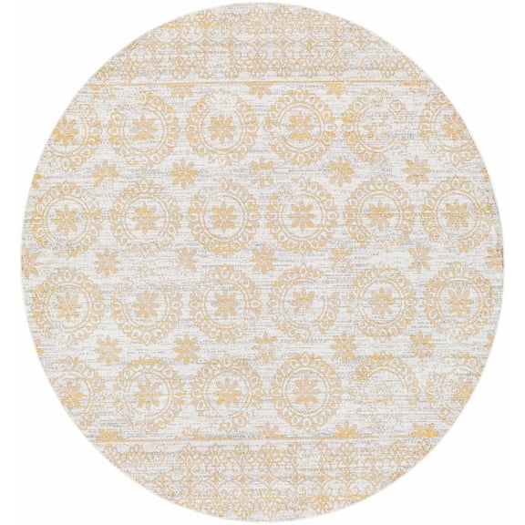 BoutiqueRugs Estefania Traditional Oriental Floral Area Rug - Bohemian Damask Carpet for Living Room, Bedroom - Machine Washable - Mustard, Yellow, Light Gray - 6'7" Round
