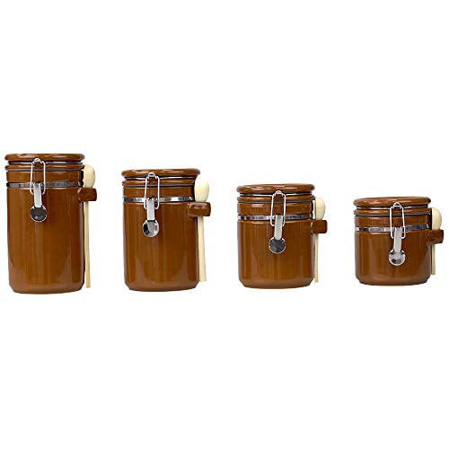 4PC Ceramic Canister Set W/Spoon Home Basics CS51198 Brown