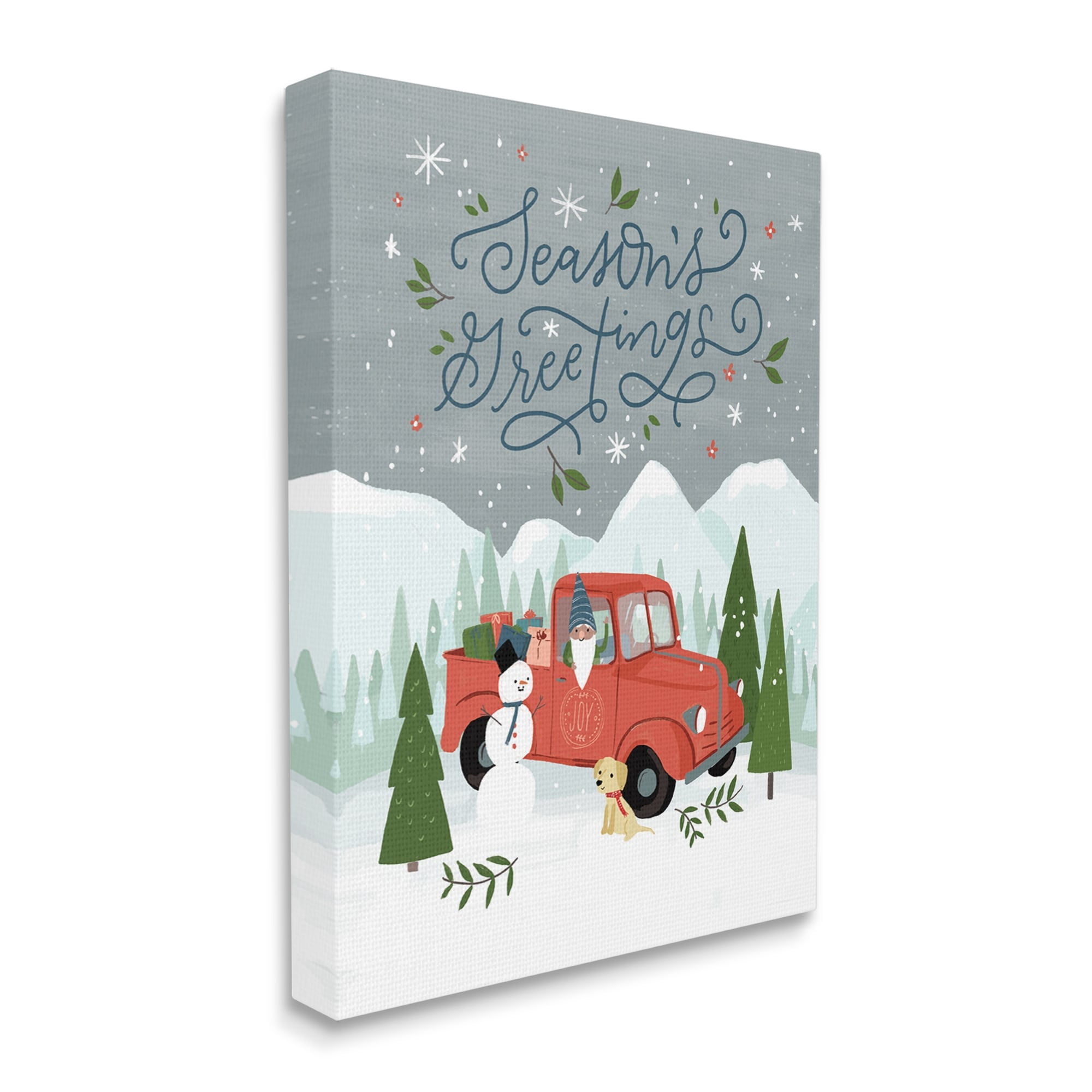 Season's Greetings Whimsical Snowman & Truck Illustration Transportation Graphic Art Gallery-Wrapped Canvas Print Wall Art