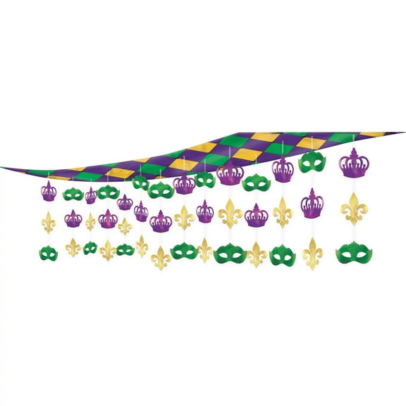 Mardi Gras 10' Plastic & Foil Hanging Ceiling Decoration Crown, Mask, Fleur de Lis