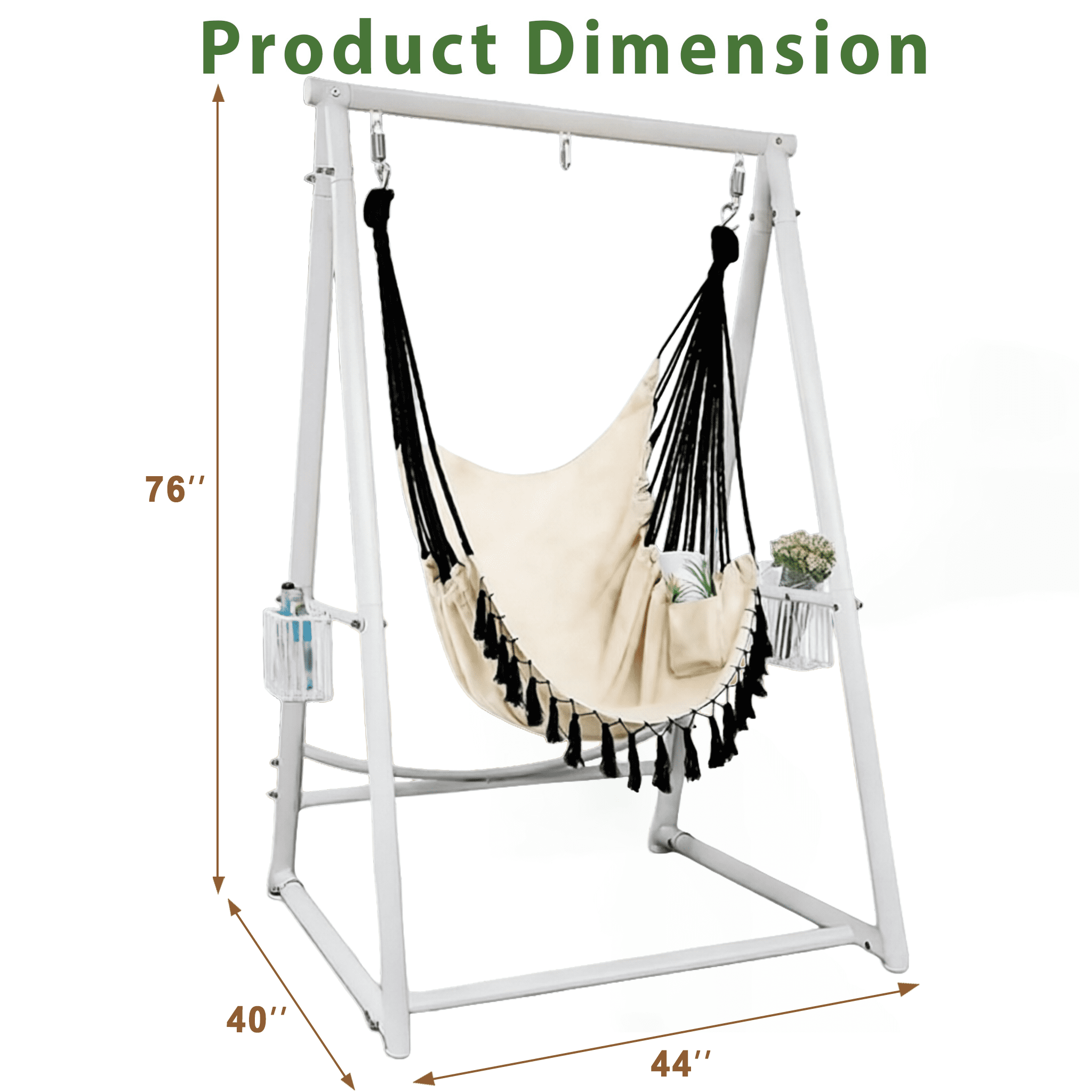 Hammock Chair Hanging Rope Swing & Stand Set with Two Holders, Heavy Duty Hanging Stand with Three Hooks, Multi-Use for Indoor Outdoor Patio Yard Garden (White)