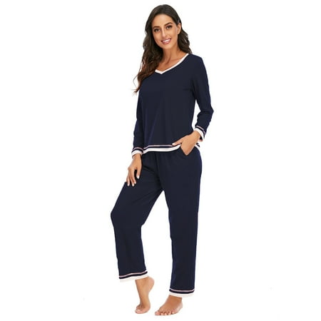 

Women Long Sleeve Sleepwear V-neck Tops with Long Pants Soft Loungewear Pj Set S-XXL