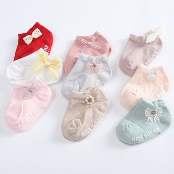 3/9-Pack Baby Toddler Cotton Socks Non-Slip Crew Ankle Socks with Bow and Flower Decoration for Newborn Infant Boys Girls 0-5T