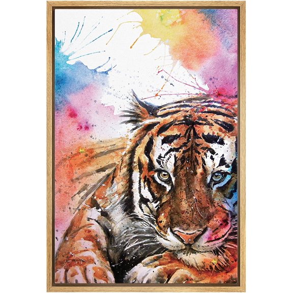 IDEA4WALL Framed Canvas Art Wall Decor Spotted Yellow Tiger with Rinbow Color Animals Wildlife Watercolor Expressionism Contemporary Portrait Colorful for Dorm Home Office - 24"x36"