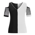 thumbnail image 4 of Pompotops Femmes Casual V-Cou Chaud Forage Froid Épaule Net Fil Manches Courtes Patchwork T-Shirt Tops, 4 of 6