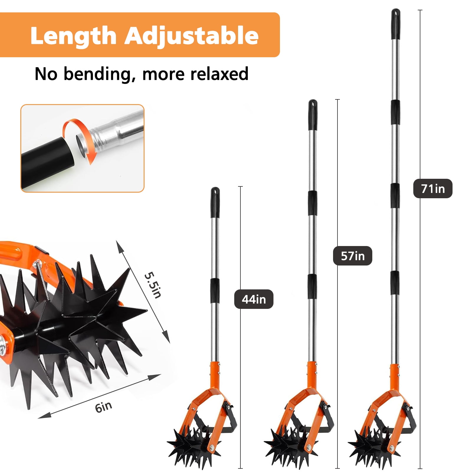 ROMUCHE Rotary Cultivator, Adjustable Long Handle Hand Tiller with Star Tines, 2-in-1 Manual Weeder for Lawn Care & Soil Mixing