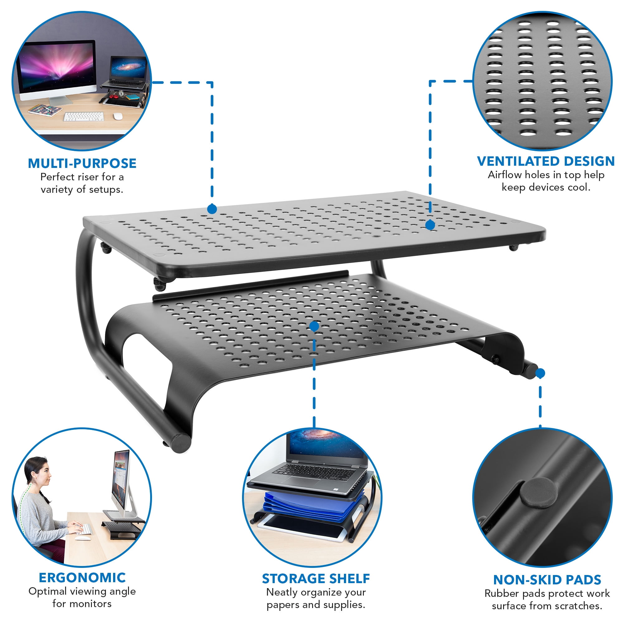 Mount-It! Two Tier Monitor Riser | Fits 13-32 Inch Screens | Storage Shelf