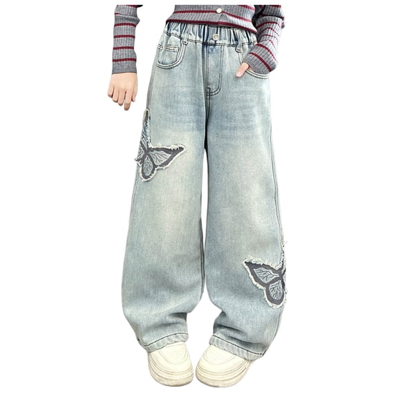 Kogui Baggy Jeans Kids Girl’s Elastic Waist Jeans Straight Leg Demin Pants Casual Stretch Long Pants with Pockets Size 12-13 (Blue,12-13 Years)