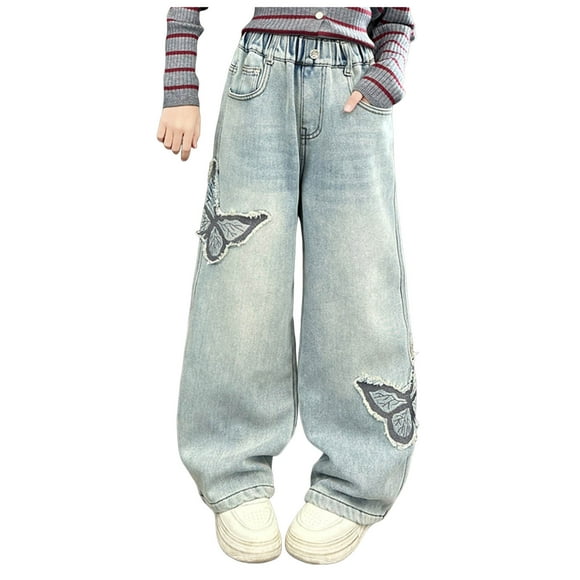 Gubotare Girls Ripped Jeans Kids Girls' Casual Wide Leg Baggy Ripped Jeans Cool Loose Fit Denim Pants Size 5T 6T (Blue,5-6 Years)