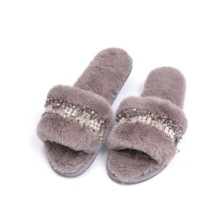 

Daeful Womens Pearls Fur Slippers Soft Open Toe Slip On House Shoes