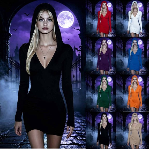 KICILVS Vampire Costume Women Hooded V Neck Long Sleeve Slim Fit Bodycon Mini Dress Gothic Halloween Cosplay Outfit