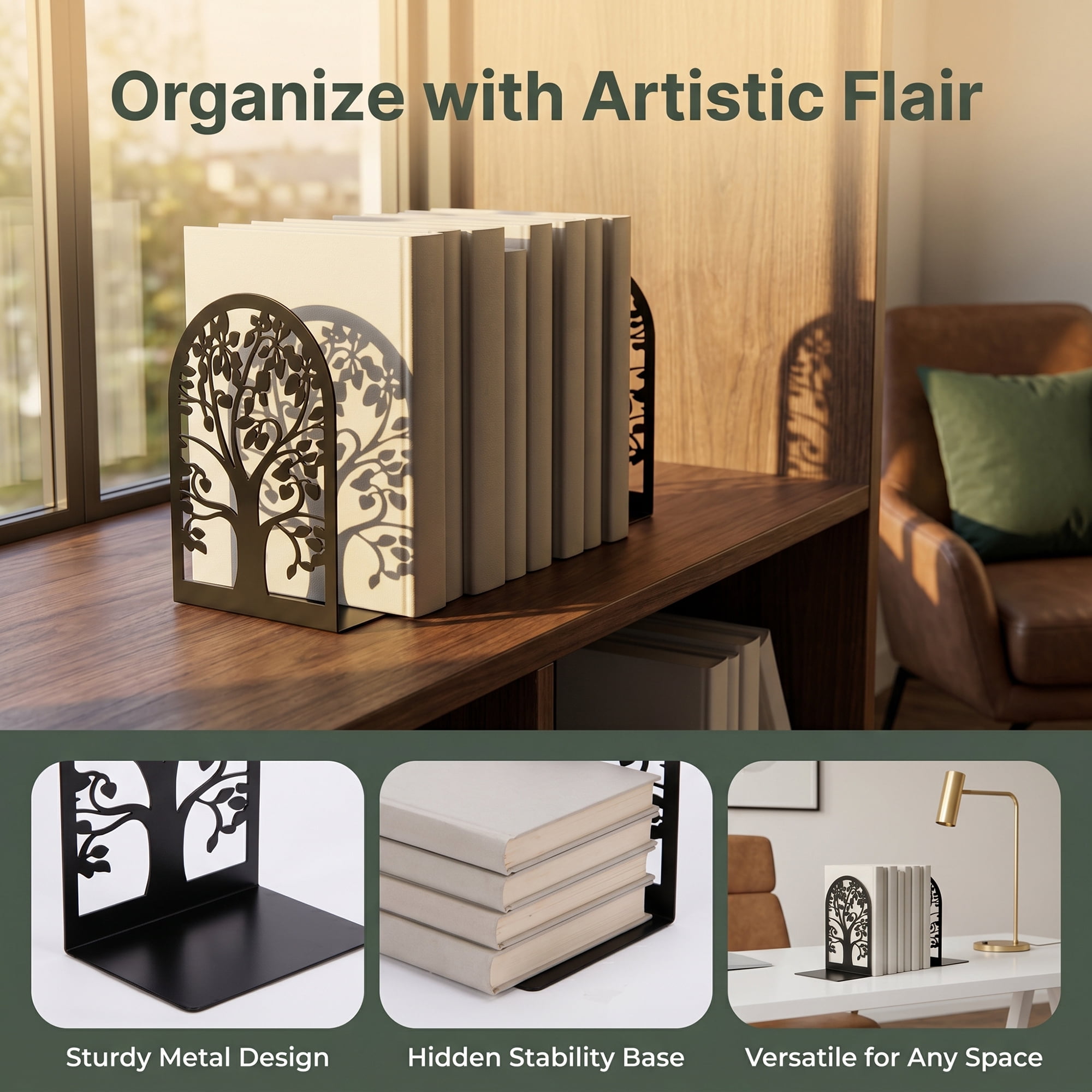 Unique Bargains Metal Tree Design Book Ends for Shelves Black Tree StyleE 4.7"x3.5"x7.1"