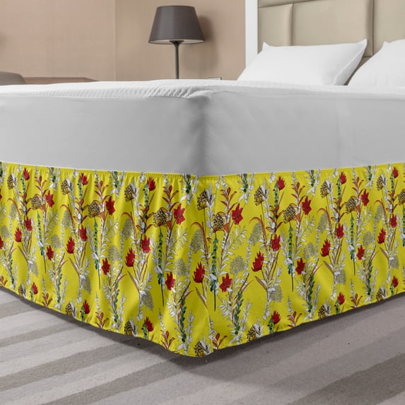 Vintage Bed Skirt, Repeating Botanical Pattern with Design Flowers and Leafy Herbs, Elastic Bedskirt Dust Ruffle Wrap Around for Bedding Decor, 4 Sizes, Yellow and Multicolor, by Ambesonne