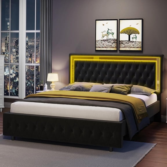 Merluxy Queen Bed Frame with Led Lights Headboard,Acrylic Mirror Accents,No Box Spring Needed,Velvet Black