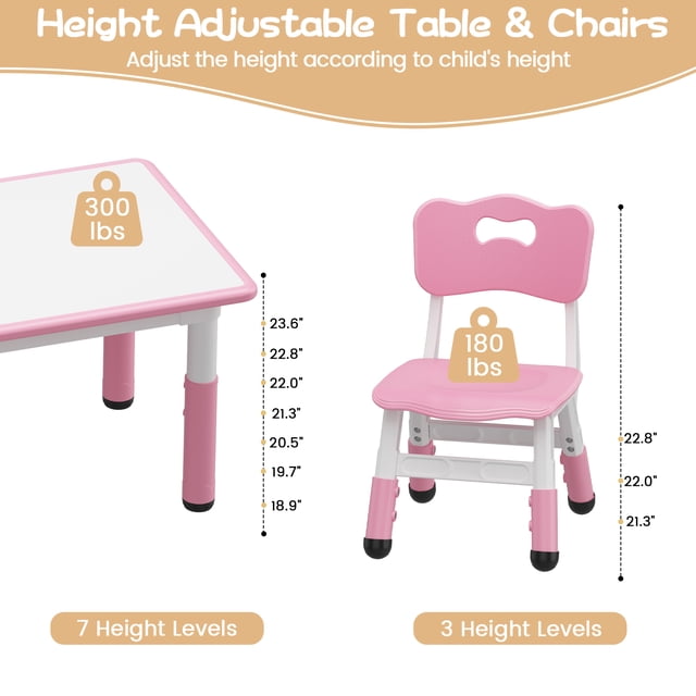 Conjunto de mesa y 6 sillas infantiles – Altura ajustable – Superficie tipo pizarra blanca – Patas antideslizantes – Escritorio multifuncional – Para niños de 2 a 10 años – Con caja de almacenamiento
