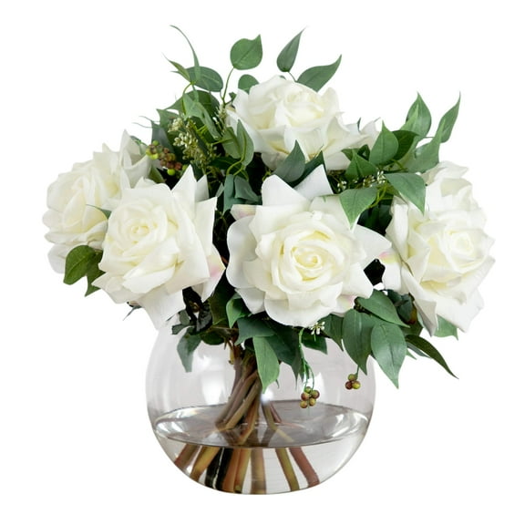 Nearly Natural Wedding Collection 16in. Artificial Roses and Mixed Greens Arrangement in Glass Vase