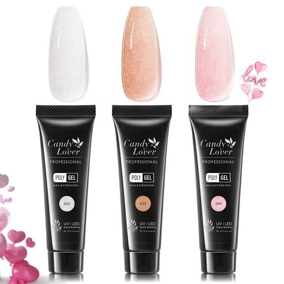 Candy Lover Nail Extension Gel, 3 Colors Poly Gel Nail Builder Gel, Glitter White Orange Pink Nail Thickening Solution Manicure Poly Nail Gel Kit