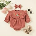 thumbnail image 5 of StylesILove Infant Baby Girls Embroidered Floral Corduroy Long Sleeve Romper & Bowknot Headband 2pcs Retro Ruffle Jumpsuit Outfit (Pink, 9 Months), 5 of 6