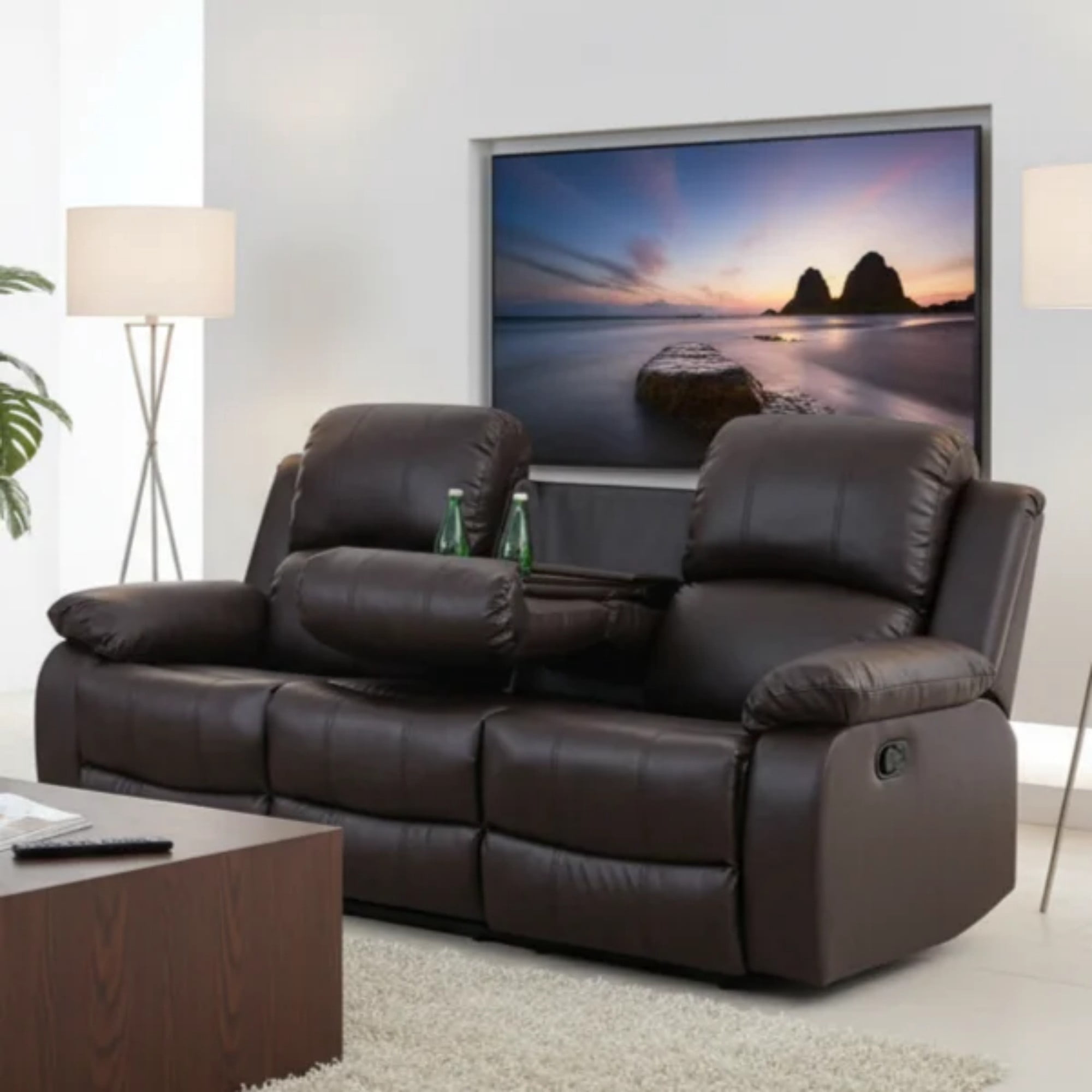 Gewnee Brown 3-Seater Reclining Sofa - Air Leather, High-Elastic Sponge, Console & Cup Holders for Living Rooms