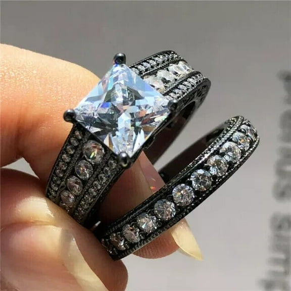 3.00Ct Princess Cut Simulated Diamond Cluster Women's Bridal Wedding Set Ring 14K Black Gold Plated 925 Silver
