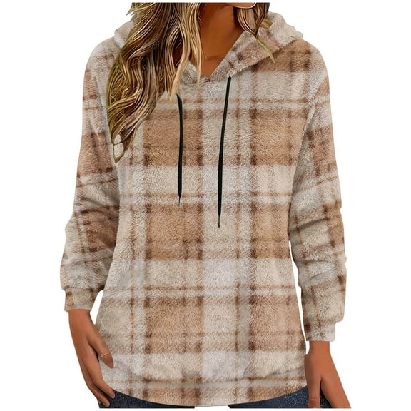 Fall Fashion Must Haves Ladies Warm Fleece Lined Long Sleeve Solid Color Hooded Pullover Sweatshirt Plaid Tops for Winter Women Fall Clothes