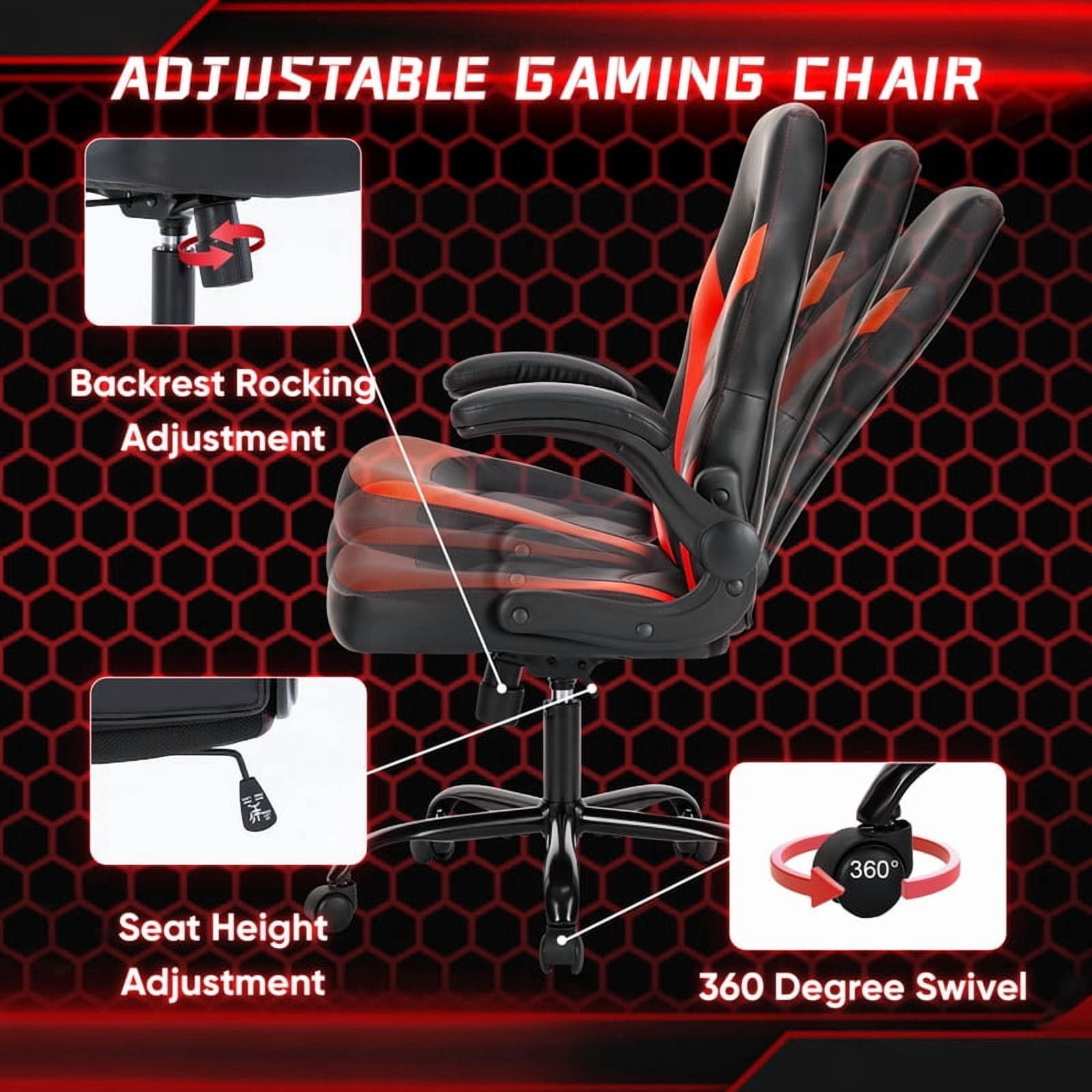 Gianna Ergonomic Computer Gaming Chair with Flip-up Armrest, Height Adjustable PU Leather Home Office Desk Chair with Lumbar Support Swivel Wheels and for Adults，Black Red