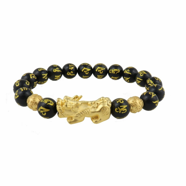 Genuine Feng Shui Black Obsidian Mantra Beaded Bracelet with Gold