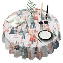 Christmas Tree and House Pattern Round Tablecloth 60"x60",Wrinkle Wipeable Table Cloth for Kitchen Dining Room Picnic Patio Party