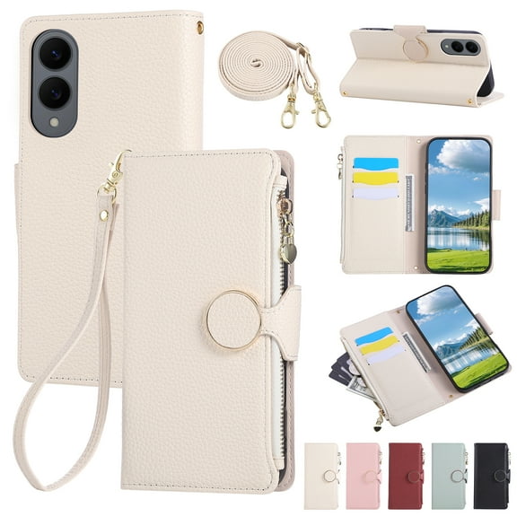 Wallet Case for Samsung Galaxy S25 Edge with Card Holder PU Leather Magnetic Clasp Zipper Pocket Crossbody Phone Case with Wrist Strap Shoulder Strap Fit for Samsung Galaxy S25 Edge, Beige