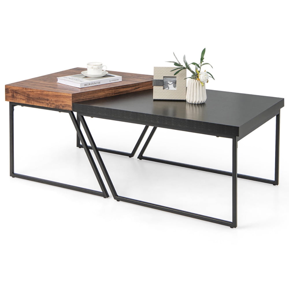 Finihen Coffee Table, Coffee Table Set of 2 with Powder Coated Metal Legs, for Living Room, Reception Room, Brown & Black Finihen Coffee Table, Coffee Table Set of 2 with Powder Coated Metal Legs, for Living Room, Reception Room, Brown & Black