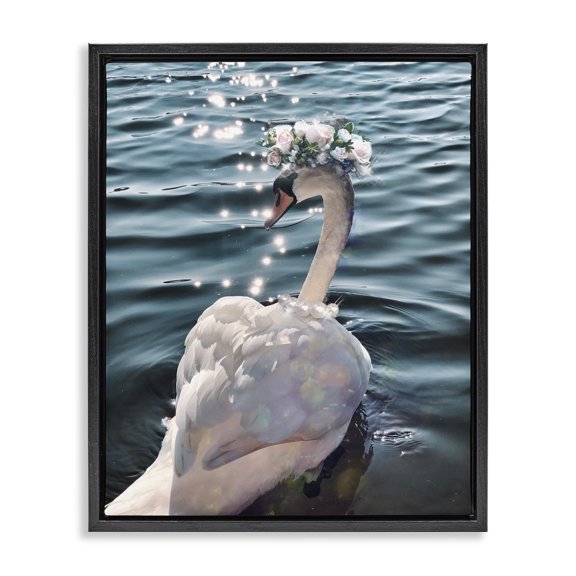 Stupell Industries Traditional Flower Crown Swan Lake Ripples Black Floating Frame Canvas Art, 25 x 31, by Ziwei Li