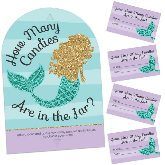 Big Dot of Happiness Let’s Be Mermaids - How Many Candies Baby Shower or Birthday Party Game - 1 Stand and 40 Cards - Candy Guessing Game