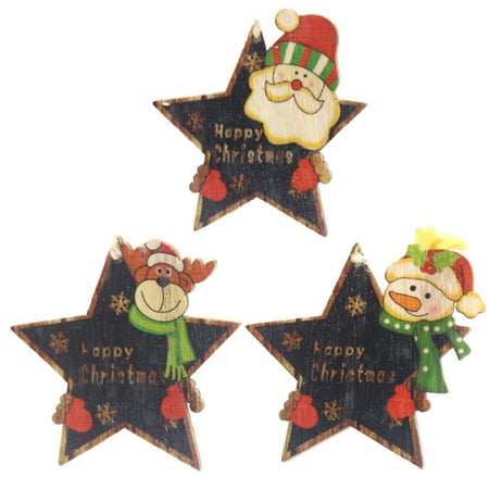 

Set of 3 Christmas Decors Cartoon Santa/Snowman/Elk Printed Star Shaped Wooden Pendants Xmas Tree Ornament for Home Shop Snowman